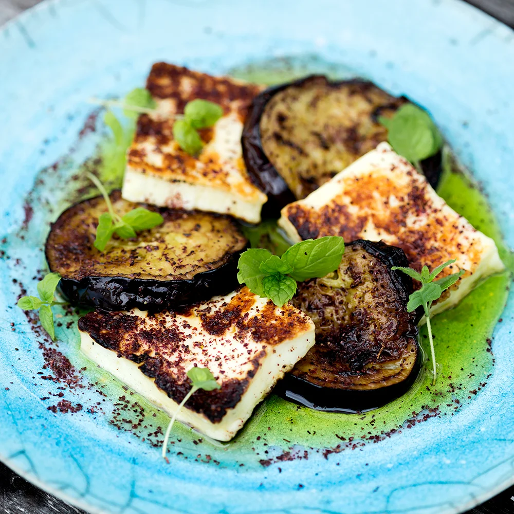 Stekt aubergine och halloumi med zatar
