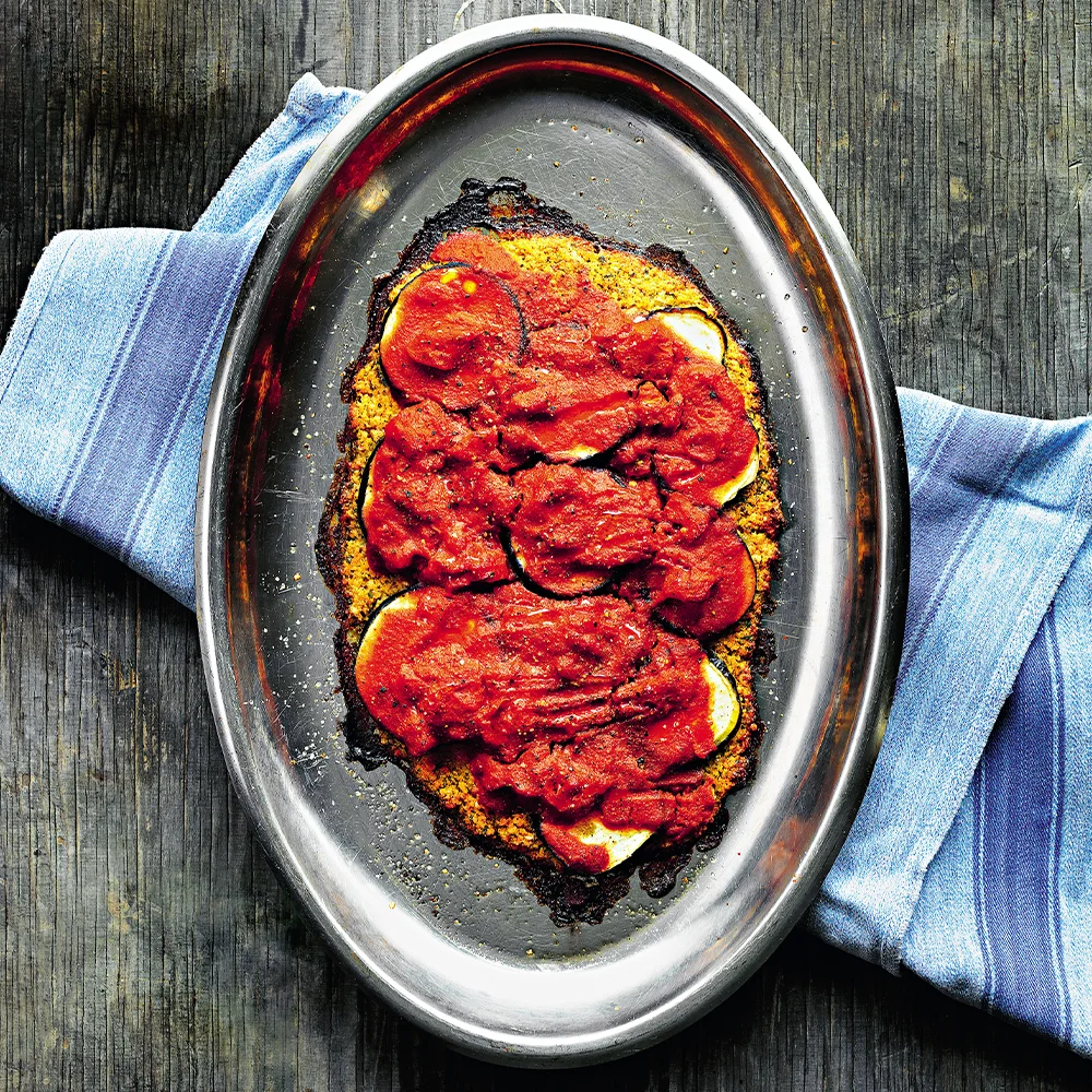 Aubergine med tomat och röd linsfärs